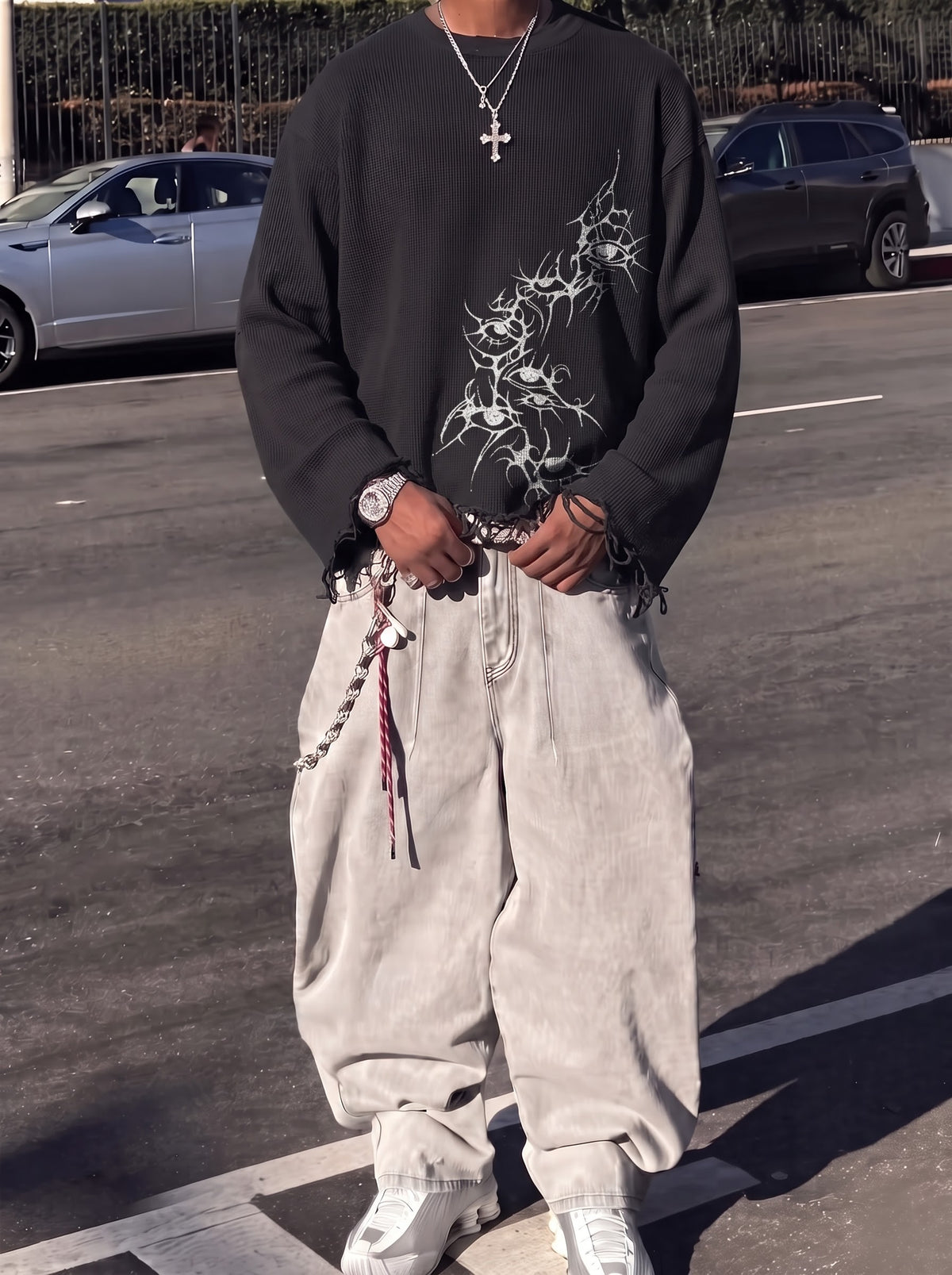The Obsidian Eye Distressed Waffle Long Sleeve