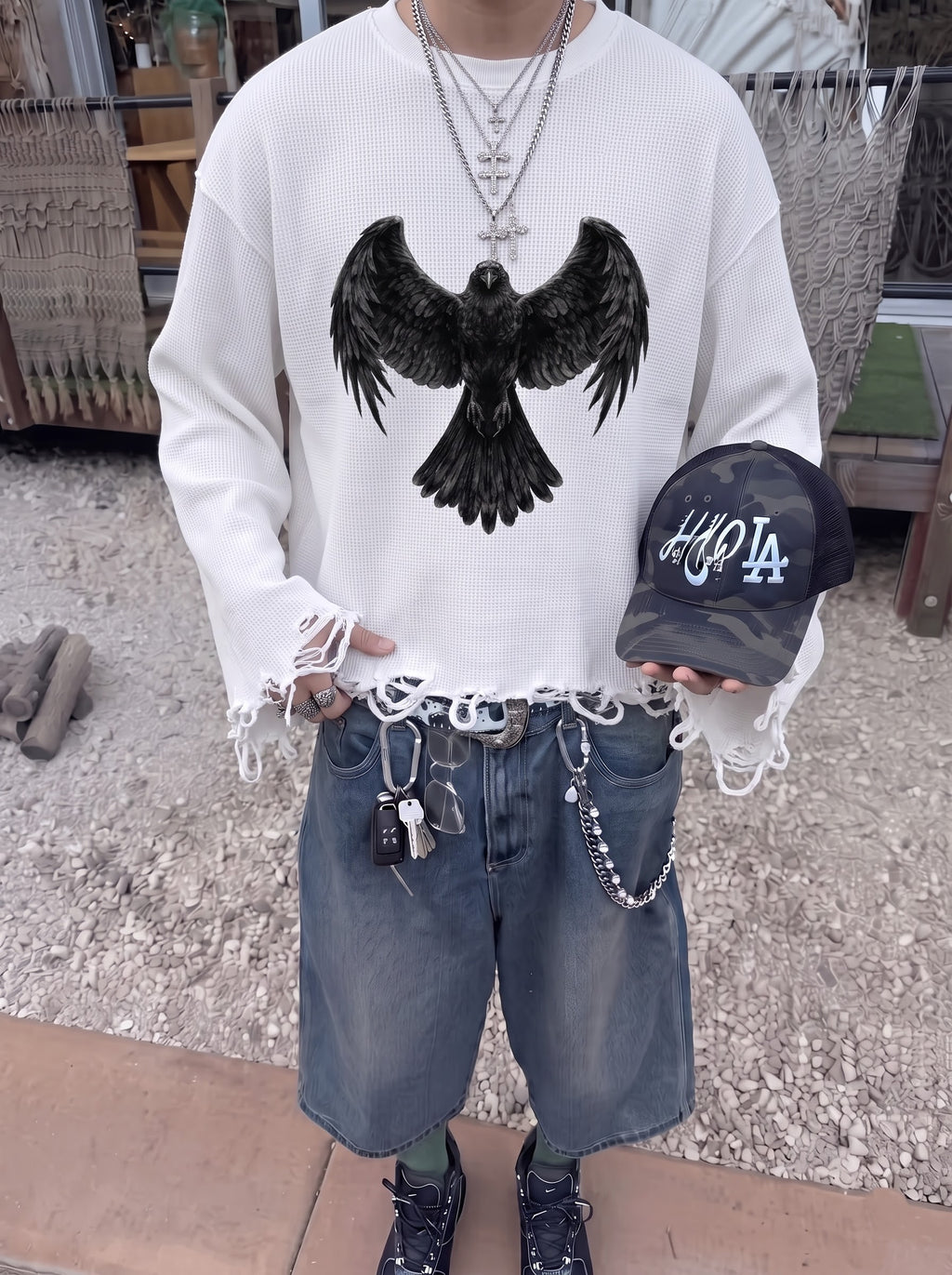 The Raven Waffle Knit Distressed Long Sleeve