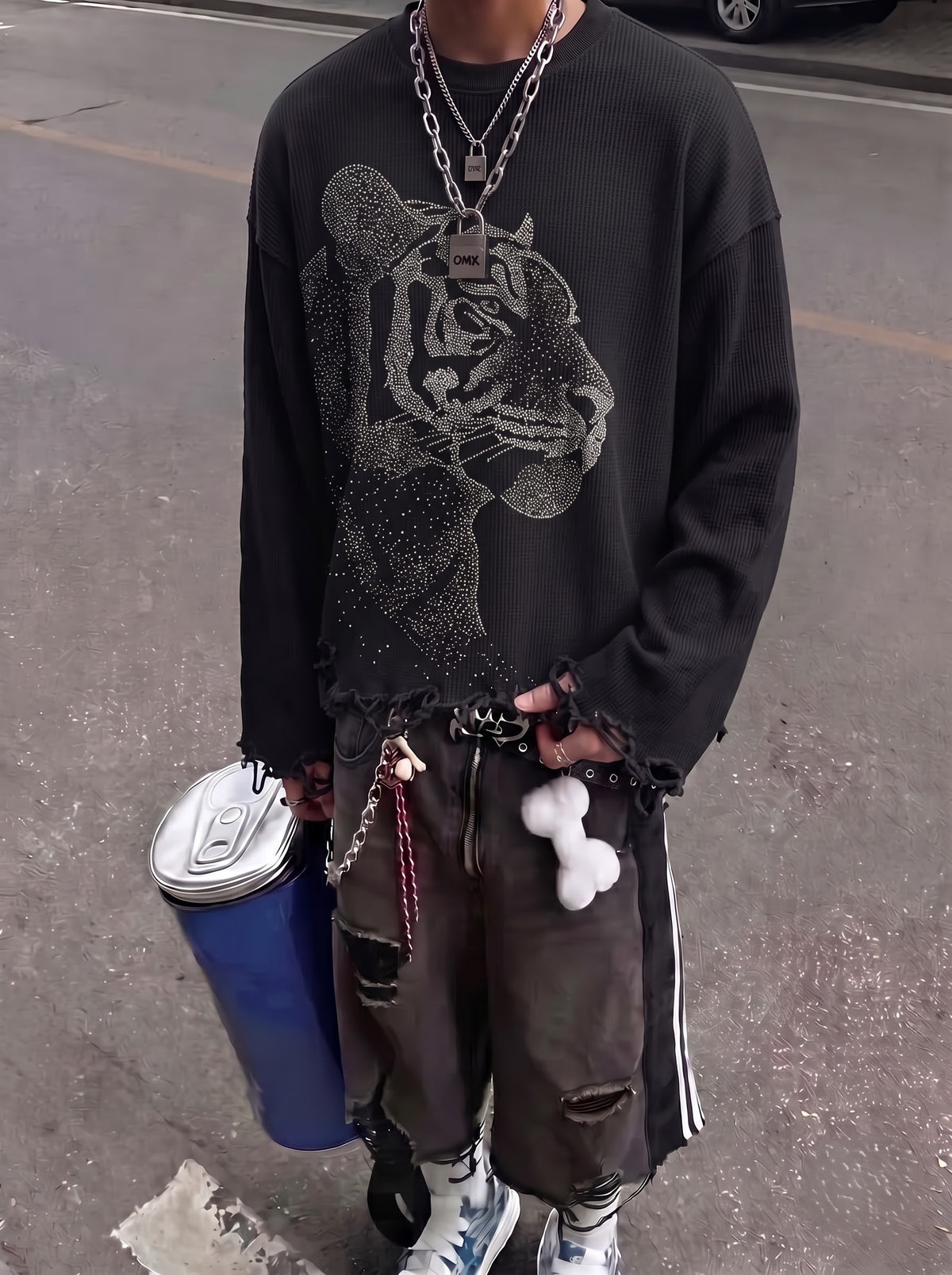 The Nocturne Tiger Distressed Waffle Long Sleeve