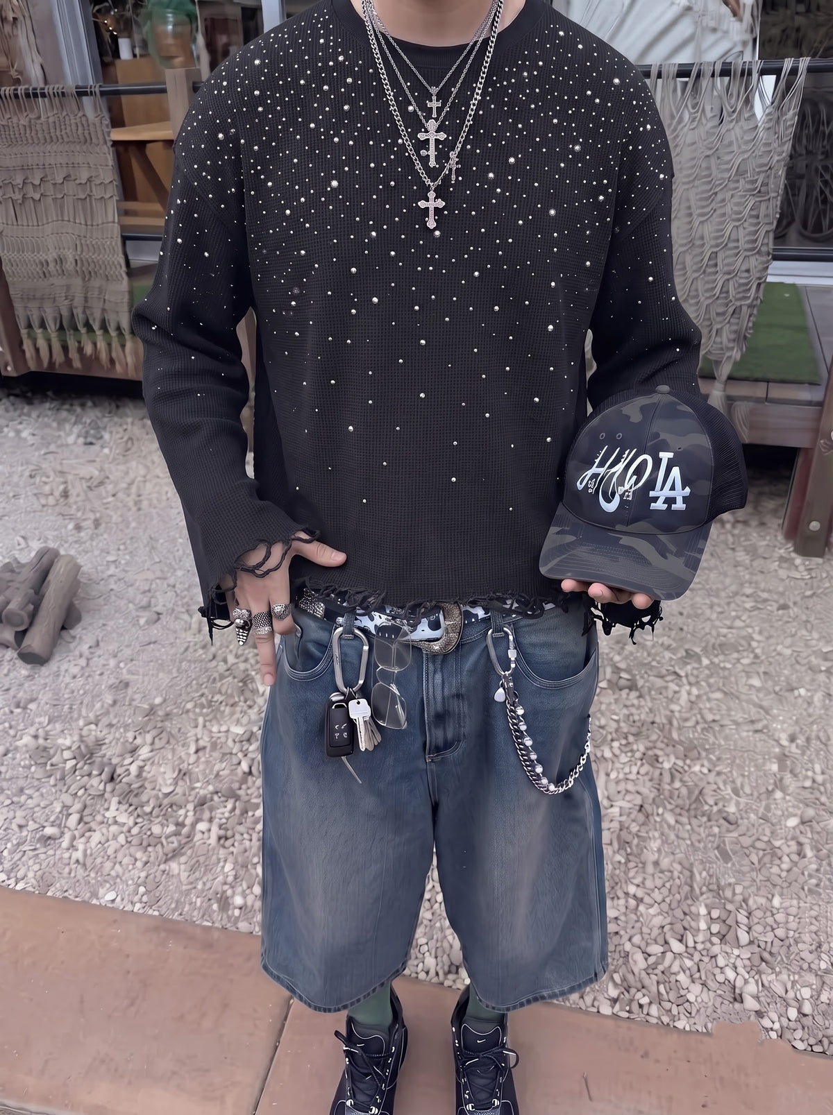 The Midnight Stardust Distressed Waffle Long Sleeve