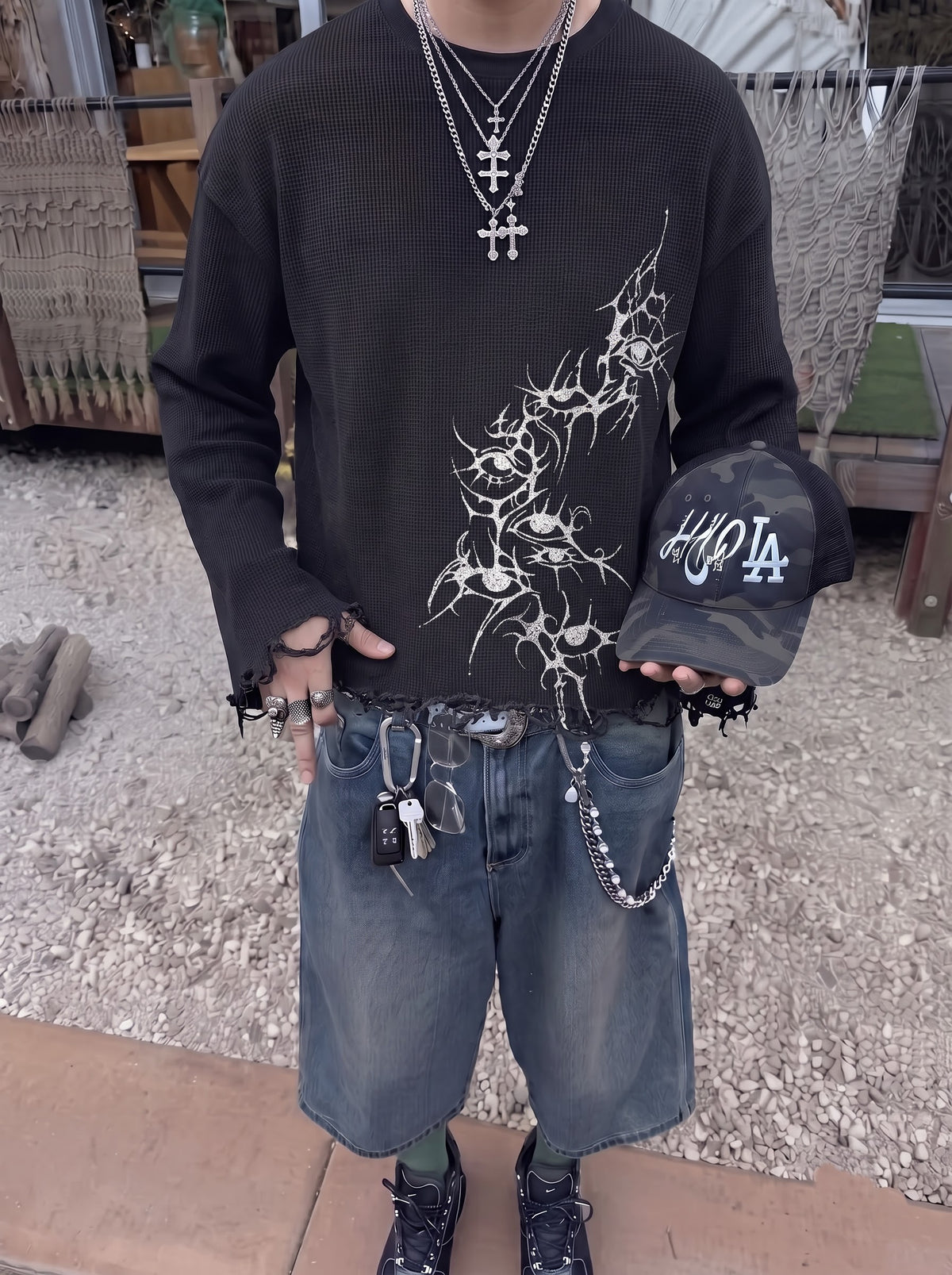 The Obsidian Eye Distressed Waffle Long Sleeve