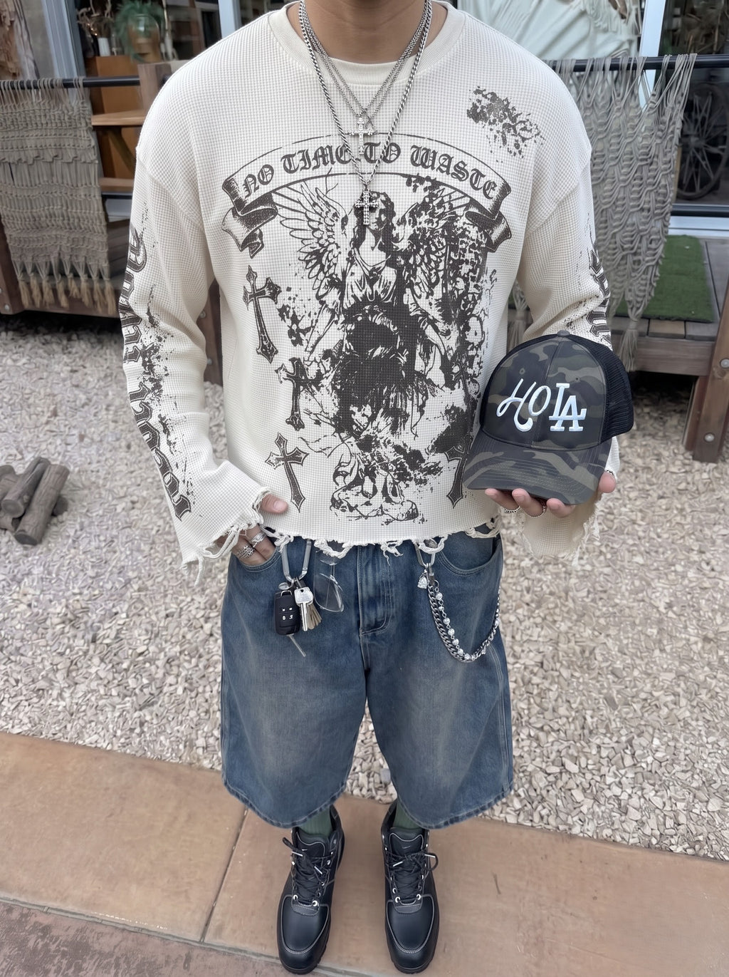 No Time To Waste Distressed Waffle Tee