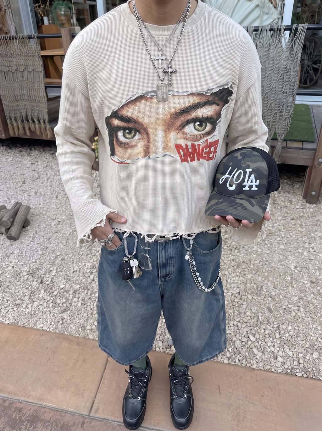 Danger Eyes Distressed Waffle Tee