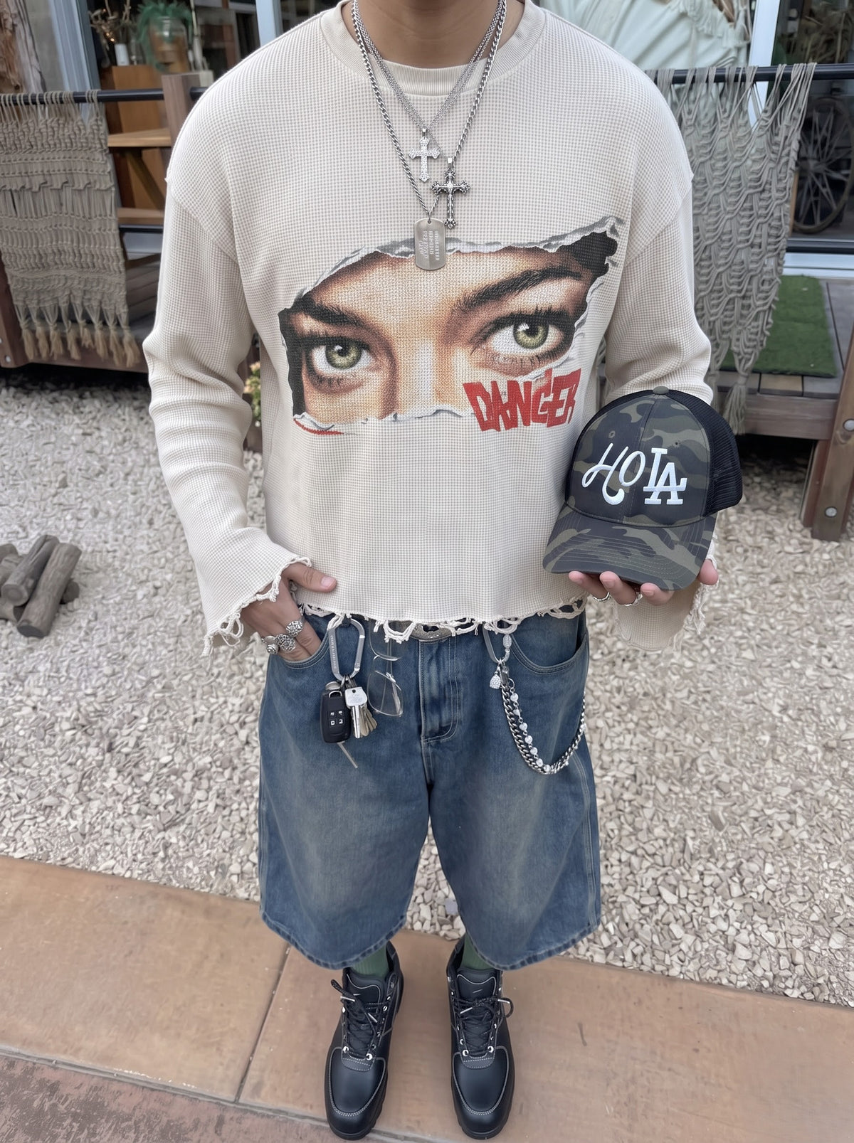 Danger Eyes Distressed Waffle Tee